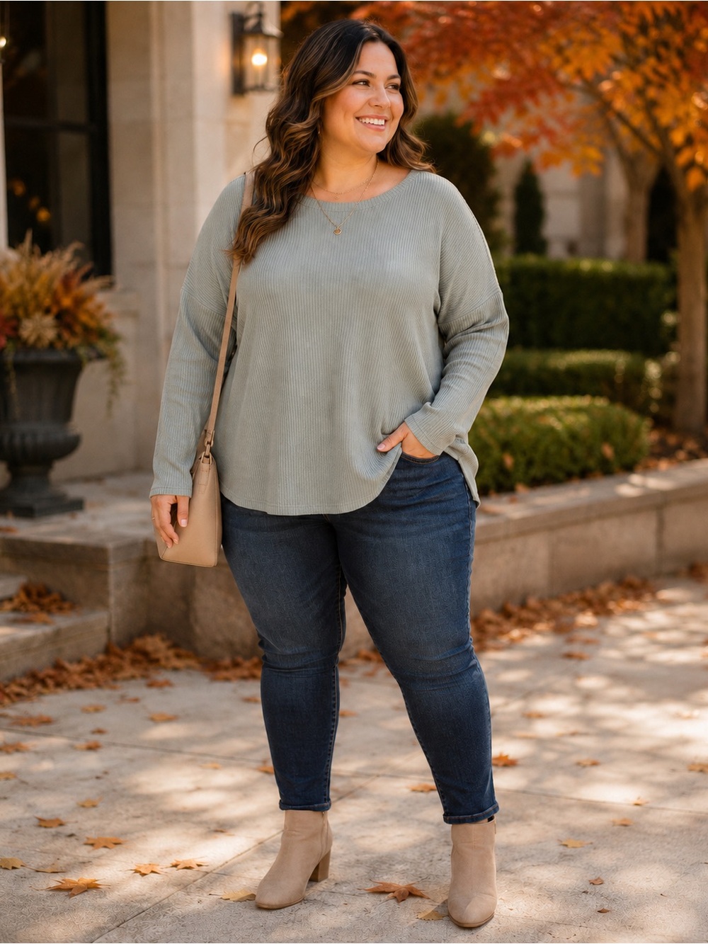 Studio Plus Size 2X NWT Sage Green Ribbed Knit Relaxed Long Sleeve Top